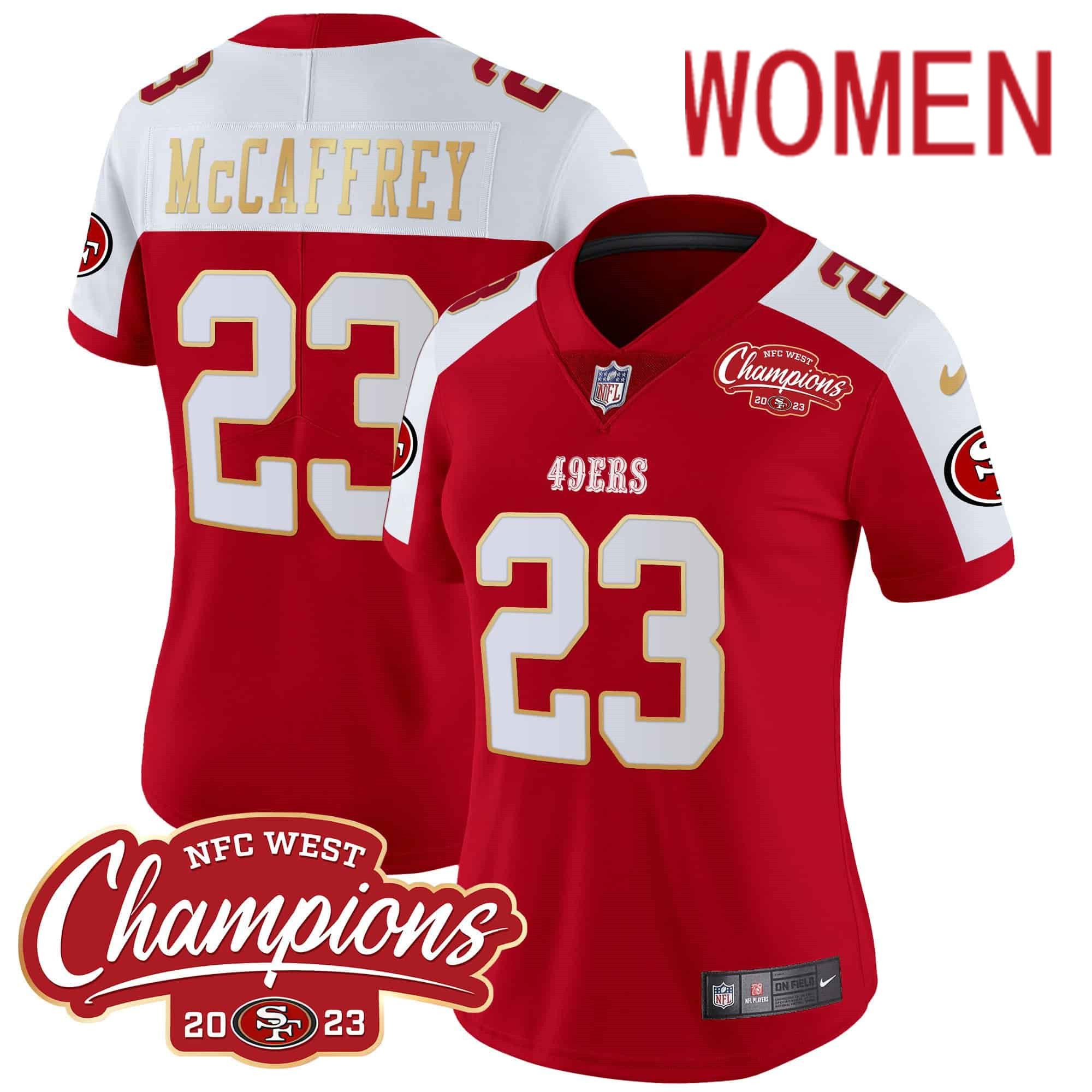 Women San Francisco 49ers 23 Mccaffrey Red 2024 Nike NFC West Champions Gold Trim Vapor NFL Jersey